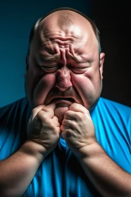 Fat man crying with a mask on