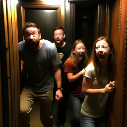 mache mir ein lustiges bild von panischen menschen in einem escape room