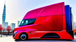 A Tesla semi-truck is parked, at 'Lotte World', in Seoul (South Korea). CINEMATIC. WIDE ANGLE LENS.