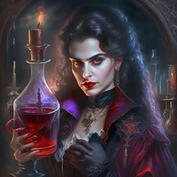 Estilo pintura al oleo rubens. Vampiro La mujer Alquimista de universo oscuro: Una científica oscura apasionada que experimenta con pociones y elixires oscuros. Lleva una bata manchada de ingredientes y lleva consigo frascos llenos de líquidos de colores macabros.