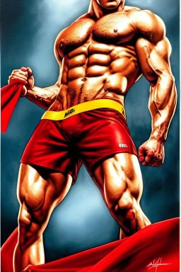 Ignore NSFW, teenager young rugged attractive slightly muscular fantastic handsome man, red briefs with yellow belt, hairy chest, (((visibly pisssing))) briefs, large erect visible boner peniss, photorealistic, artist Jay Anacleto