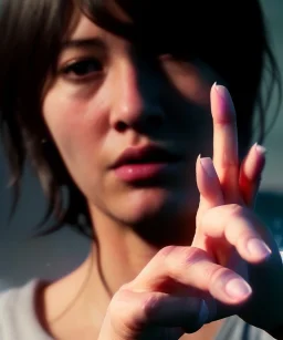 Ultra Realistic image portrait, medium shot view, woman making the “fuck you” finger gesture, highly detailed, unreal engine 5, RTX, ultra detail, volumetric lighting, finely drawn, high definition, high resolution.