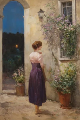 Night, one woman, house, vegetations, flowers, dirt, konstantin korovin, and juliette wytsman paintings