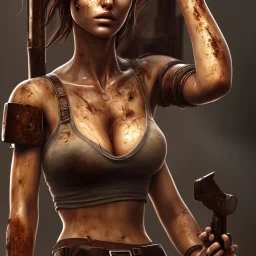 an abstract painting of rusted wood, lara croft with big breast, 8K, a Highly detailed stunning full frame portrait, wide-angle view, a realistic face, volumetric lighting, volumetric clouds