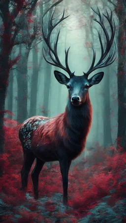 mint color deer in the forest, in the style of dark fantasy creatures, dark red and light black, hyper-realistic atmospheres, vibrant color gradients, alois arnegger, uhd image, gothic dark and ornate