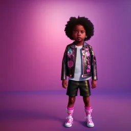 Zaire beetz toddler, full body, leather jacket, floral shirt, floral skirt, Nike sneaker, soft skin, city background, dramatic lighting, hyper realistic