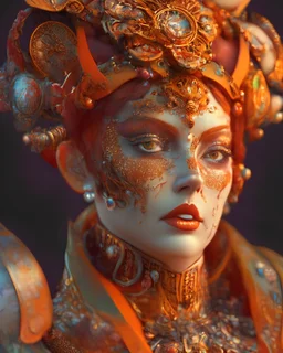 , stunningly beautiful clockpunk woman, red to orange hair, qajar art, stipple, shin hanga Alphonse Mucha, concept art, 3d digital art, Maya 3D, ZBrush Central 3D shading, cinematic, Reimagined by industrial light and magic, by Frida Kahlo, 4k resolution post processing hyper realist, hyper detailed, intricate, awesome, masterpiece, trending on artstation, deviantart, perfectly centered subject