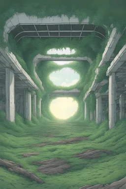 Giant sci fi hole on the ground,overgrown apocalyptic city ,comic art