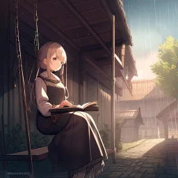 anime girl writing with a pencil in a book sitting on a porch swing of a very old house in the rain