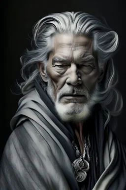 a photo of an White man with ethnic jewelry, grey hair and grey flowing robe, in style of Annie Leibovitz, contemporary portrait of a mature yet beautiful and modernist man, black and grey, detailed masculine face, swirling fluid smokey enigma, award-winning artwork