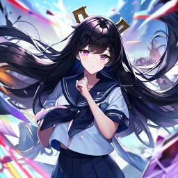 Clear focus, High resolution, Black long fluffy hair, purple eyes, wearing a sailor uniform, shattered rainbow in triagle formation,