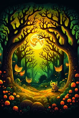 Design a cover featuring an enchanted forest with trees adorned with glowing jack-o'-lanterns, mystical creatures like owls and bats, and a crescent moon casting an eerie glow.