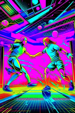 Two players in neon headbands and 80s sportswear diving for a shot in a brightly lit racquetball court. Style: Neon Art, Mood: Energetic and Futuristic (for its time), Lighting: Glowing neon fixtures, T-shirt design graphic, vector, contour, white background.