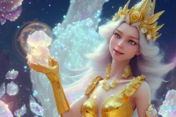 very beautiful crystal and gold goddess in a galactic ambiance, nice smiling, transparent petals, delicate colors, full of details, smooth, bright sunshine，soft light atmosphere, light effect，vaporwave colorful, concept art, smooth, extremely sharp detail, finely tuned detail, ultra high definition, 8 k, unreal engine 5, ultra sharp focus