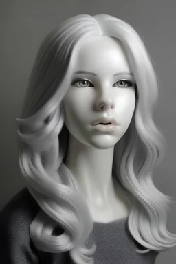 Full rubber white doll face with rubber effect on a full grey hair