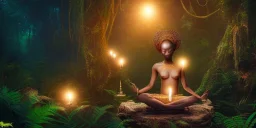 beautiful african lady meditating at night with candles in a enchanted jungle, fotorealistic, high quality, landscape, 17