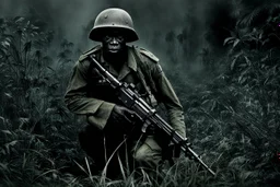 Spectral ghost of a headless soldier carrying a Thompson machine gun through the Congo at night
