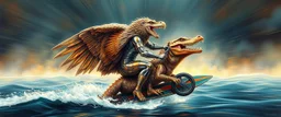 airbrush and pen outline, master oil painting by Rembrandt, chrome eagle lion crocodile man viggo sandvik as insane eel wild ginger robot on surfboard boat trike , goa trance glitch poster, background motion blur, volume fog with light rays
