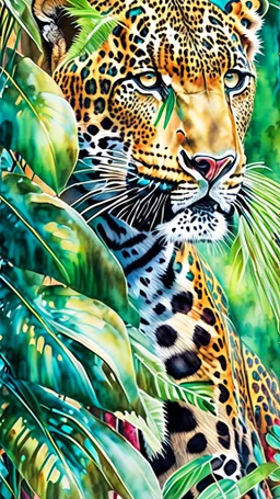 Jaguar en la selva arte acuarela colores contrastantes calidad ultra hiperdetallado maximalista 16k