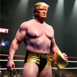 Realistic photo, Donald trump wrestler, wrestling, naked torso, color breeches, suspenders, retro style, 80s, hot ambient, photo studio, red, gold, vibrant color, gradient, highly detailed, art stations, concept art, smooth, unreal engine 5, god rays, ray tracing, RTX, lumen lighting, ultra detail, volumetric lighting, 3d, finely drawn, high definition, high resolution.