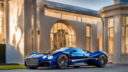 A sleek (((a fusion of bentley and hypercar))), its glossy shell reflecting the (((bright sun))), cutting through a (((clear bright blue morning sky)))
