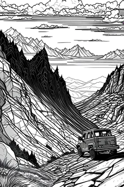 Outline art, no shading, vehicle climbing mountain, black and white, low detail, --ar 9:11