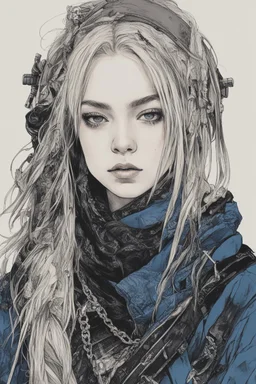 Billie Eilish as a goth punk mercenary huge girl, illustration by Yoji Shinkawa and Katsushika Hokusai, finely detailed facial features, finely drawn and inked, 4k, symmetric, hyperdetailed , obsidian and metallic blue tones