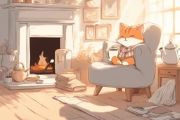 cute fluffy chibi cat reads sitting in a big soft armchair, covered with a plaid blanket, a teapot and steaming tea on a small table next to her, in sunlight. The fire in the fireplace is blazing.