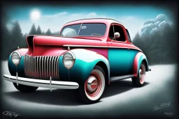 a true-to-life 1940 Willys Coupe, classic wheels, two-color paintwork, centered, intricate, extreme detailed, photorealism, center view, stylized random background, pivot on willys, pen and color marker painting by cheryl kelley