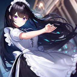 Clear focus,High resolution, black long fluffy hair, long fluffy bangs, purple eyes, wearing a maid outfit, short skirt