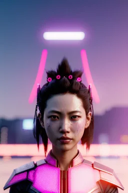 portrait, Asian cyborg woman, samurai warrior :: symmetry photography, cyberpunk style, pink hair, makeup, line eye, light iris, :: black samurai armor, japanese traditional pattern, wires and circuits, pink, white, black :: cinematic, Ultra realistic, dark scene, soft color, highly detailed, unreal engine 5, RTX, ultra detail, 3d, finely drawn, high definition.