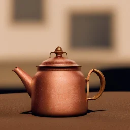 The reflection of a child on the surface of an old copper teapot