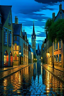 tranquil evening in a quaint town. Houses with illuminated windows dot the landscape, with their warm glow contrasting against the cool blue hues of the evening sky. Raindrops glisten on the cobblestone streets, reflecting the soft light from the street lamps. In the distance, a church or cathedral with a prominent spire stands tall, its silhouette contrasting against the fading light. The overall ambiance is one of serenity and nostalgia, evoking feelings of coziness and warmth amidst the chill