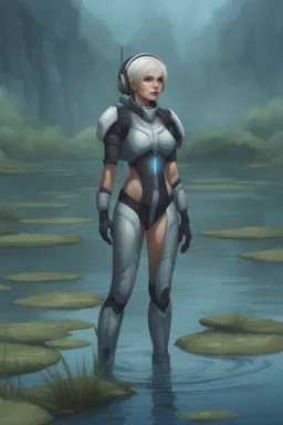 [future] A woman in scifi outfit a pond