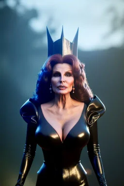 Raquel Welch as evil queen in black leather gown, angry, busty, curvey, cleavage, unreal 5, octane render, cinema4d, dynamic lighting, dramatic lighting, 4k, redshift render, highly detailed, hyper realistic