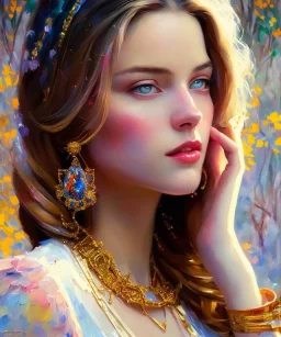 realist impressionist portrait of "The Curious Female" by Liam Brazier rework. Masterpiece, best quality, painted impressionist brush strokes. paint drips and drabs and splatters by and by art nouveau and richard schmid . cover art, Paint spatters, drips, drabs, dynamic, artstation, artgerm