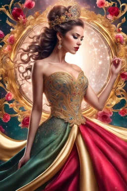 Photography realistic Beautiful Queen wearing a magical gown of swirly flowing marble water gold filigree curlicues, flowering flowers, bloom, sparkle, ornamental gilt, diamonds, rubies, emeralds, sapphires, beautiful, delicate, intricate, elegant, graceful, shiny, Hyperrealism, Rococo, expressive, spherical, zoom out, volumetric lighting