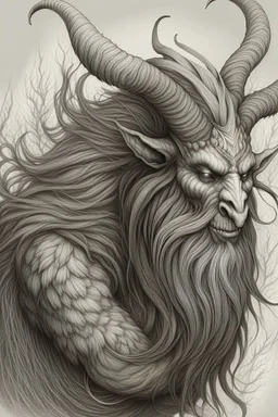 Monochromatic, highly detailed digital illustration featuring a fantastical creature with a humanoid face. The creature has a long, flowing beard and hair that appears wild and unkempt. It has a pair of large, curved horns protruding from its forehead and two smaller, tusk-like horns emerging from its cheeks. The skin is textured and appears rough, with a pale, almost ghostly complexion. The eyes are wide open, giving an intense and somewhat eerie expression. The background is a gradient of ligh