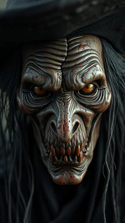 Busch painting style nightmare, a zoomed front view of a witch by his face skin is a rusted broken metallic skin texture in a 3d rendering full-height image of a grim and dark scene. Ensure the final images exhibit the utmost quality, encompassing 4K, 8K, and 64K resolutions, with 3D rendering that manifests in photorealistic, hyperrealistic, and highly detailed representations. Employ techniques such as HDR, UHD,