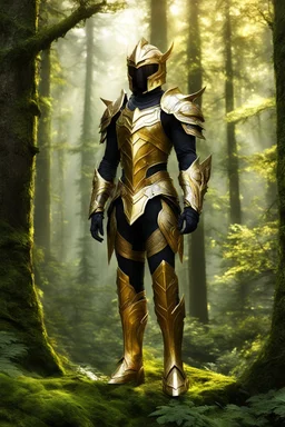 Full body Photography Guardian ranger,helmet hyper futuristic, of the forest of the Eladrin wearing armor ornaments in an enchanted golden high shine bright