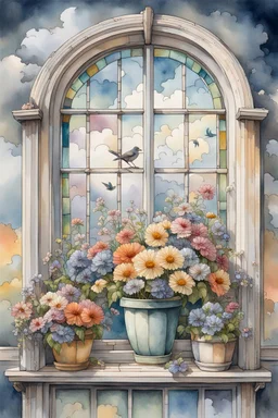 Shabby chic window with flowerpots and bouquets filled with beautiful flowers.full sunlight, stormy clouds, bird, watercolour and ink, stained glass Modifiers: elegant intricate beautiful fantastic view crisp quality colourful Jean-Baptiste Monge pastel colors full view