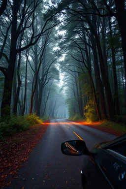 Fantasy forest road a gitrying to grasp the car waiting for a ride on the side of the road