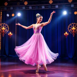 create of a beautiful balerina in pretty clothing in a modern cifi stage in her performance cinamatic lights .dancing lambada
