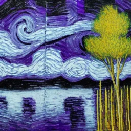 Night raining black and white with purple reflections lake acrylic abstract van gogh