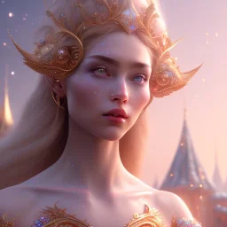 beautiful single woman, landscape, city of the elves, ,rose, gold, very blue sky, crystal domes, glistening oiled shiny, intricate, Exquisite details and textures, highly detailed, digital painting, artstation, concept art, sharp focus, nature background, illustration, 8k, by stability ai, nvidia