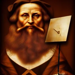 leonardo da vinci with computer. creating in photoshop. hyperdetailed, warm colors, movie poster, photoillustration, oil on canvas, lens flare