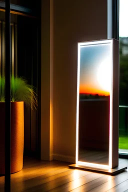 Vertically rectangular standing mirror with white led lights around it. With a sunny background