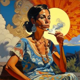 2 mexican woman smoking painting neoclassism whole body zoom the sun