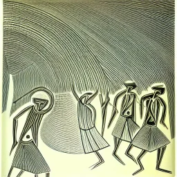 drawn in single line by Nicolai Blatter with hatch with parallel wavy lines metal engraving with african man dance procession in salvador dali style or picasso style