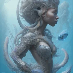 sango fantasy, fantasy magic, intricate, sharp focus, illustration, highly detailed, digital painting, concept art, matte, artgerm and paul lewin and kehinde wiley, masterpiece sexy lips Hawaiian afro lips black African lady body mermaid lionfish head blue space lady beach sea under water mermaid seaweed pyramid